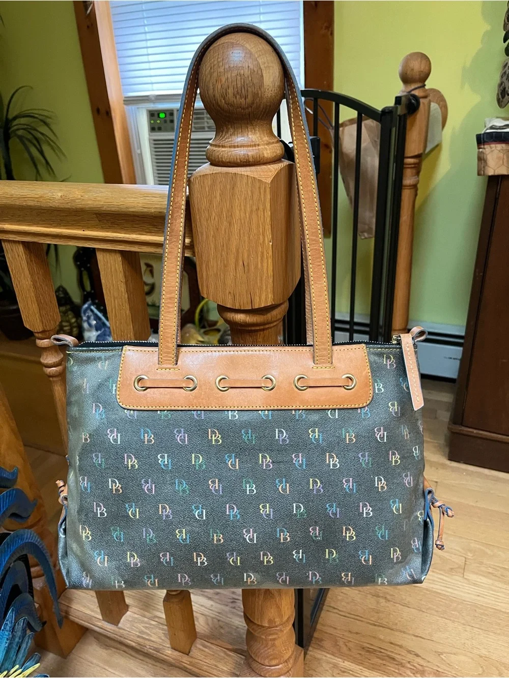 Dooney & Bourke y2k Multicolor Logo Canvas Satchel Bag with Brown Leather Trim